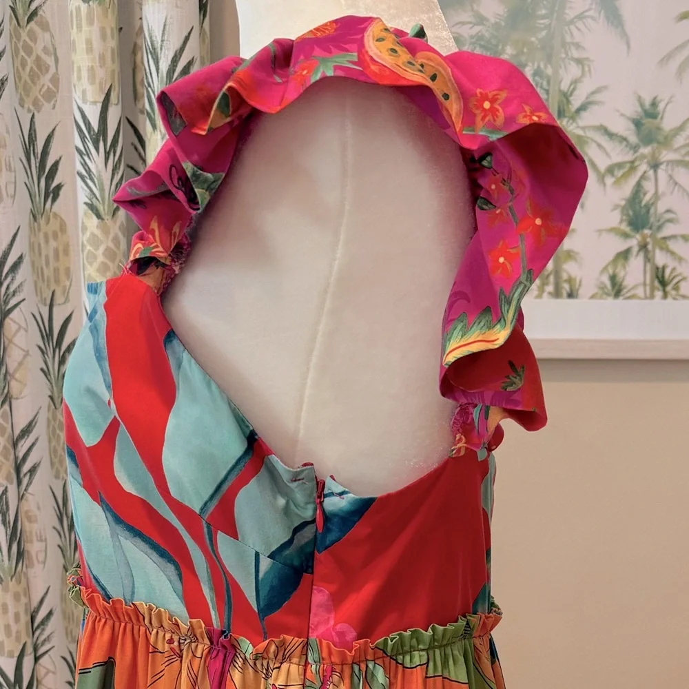 FARMRIO Foliage Mix Mini Dress Tropical Floral Ruffle Sleeve Tucan Cotton Size L - Picture 9 of 9